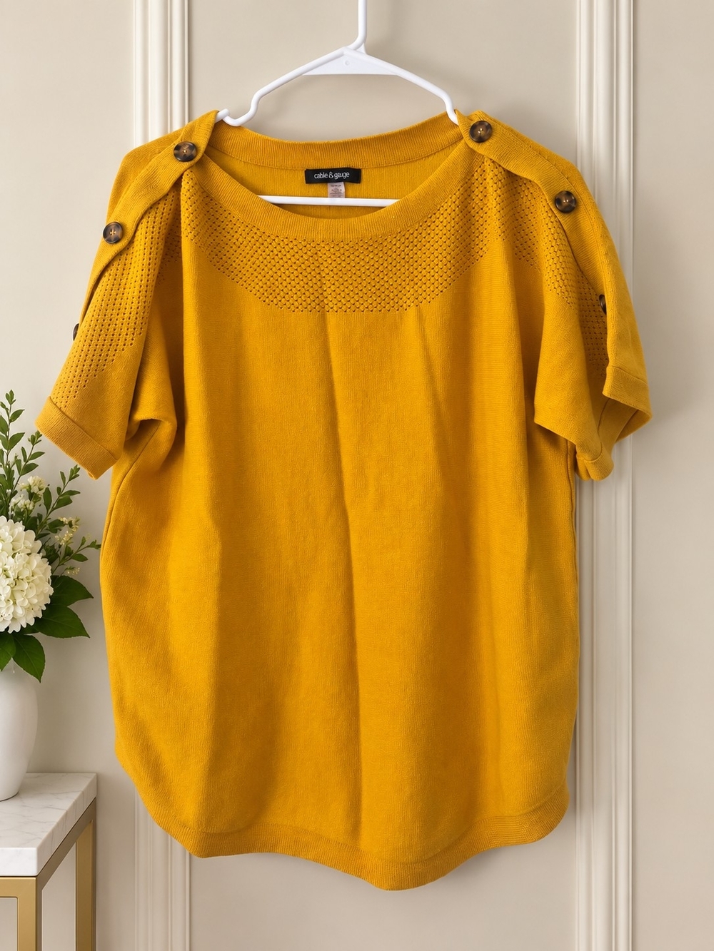Cable & Gauge Mustard Button-Shoulder Knit Tee